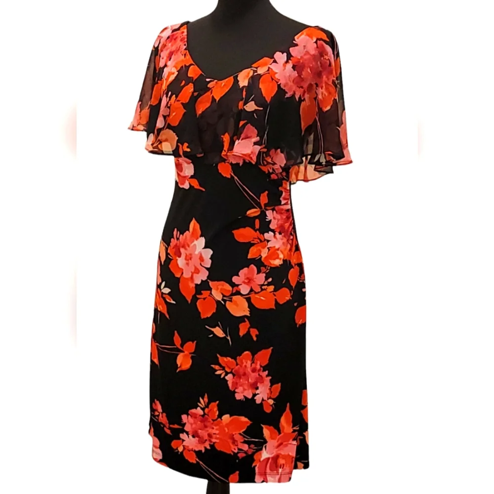 Connected Apparel Floral  Sheer Overlay Ruched A-line Midi Dress